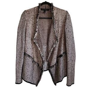 White House Black Market Tweed Cardigan Open Front Fringe Sz LP Shabby Chic